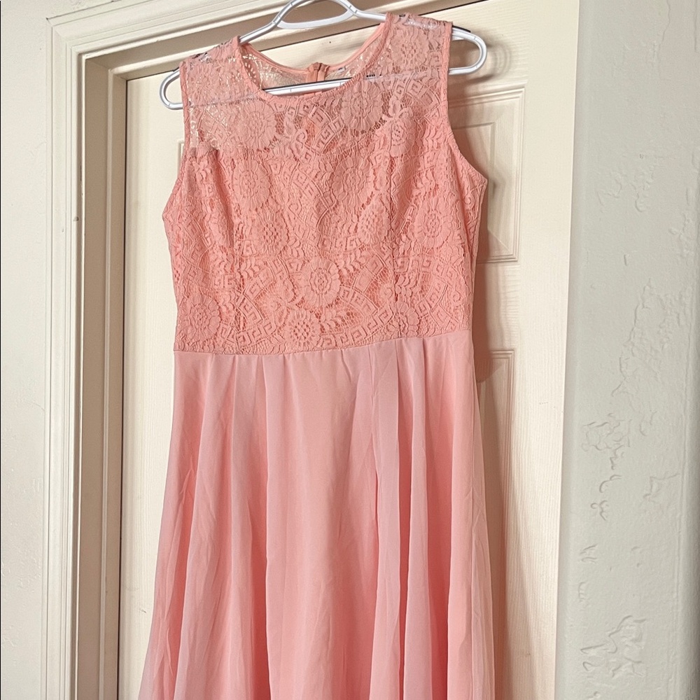 Coral Pink Fairy Formal Cocktail Lace Zipper Sheer Dress PTP 19-20, Waist 19-20